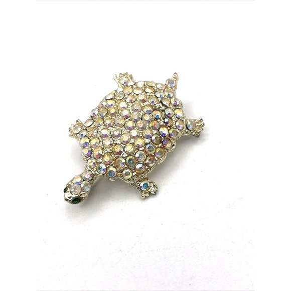 Vintage Turtle AB Glass Rhinestone Brooch Pin Goldtone Figural Animal - Picture 2 of 9